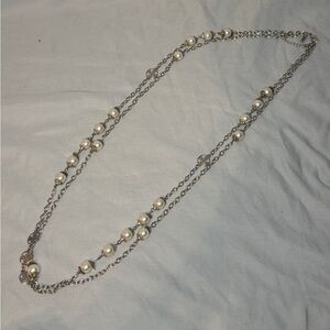 New York & Company Faux Pearl Double Strand Necklace Silver Tone Layered